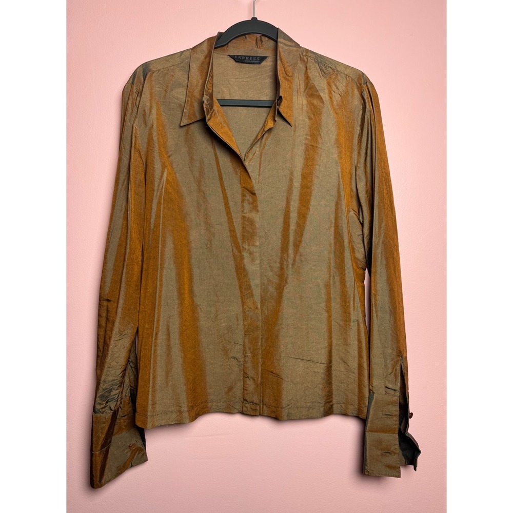 Vintage Express Silk Blouse Women 13/14Bronze Iridescent Long Sleeve Button Down